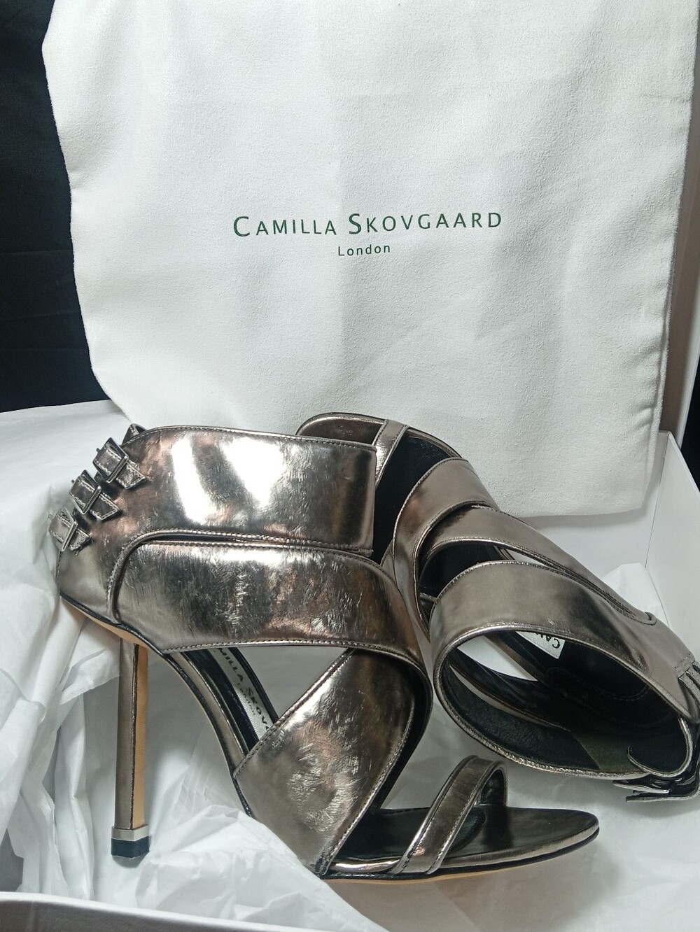 Camilla Skovgaard Metallic Pewter Strappy Gladiator High-Heel Sandals 36.5